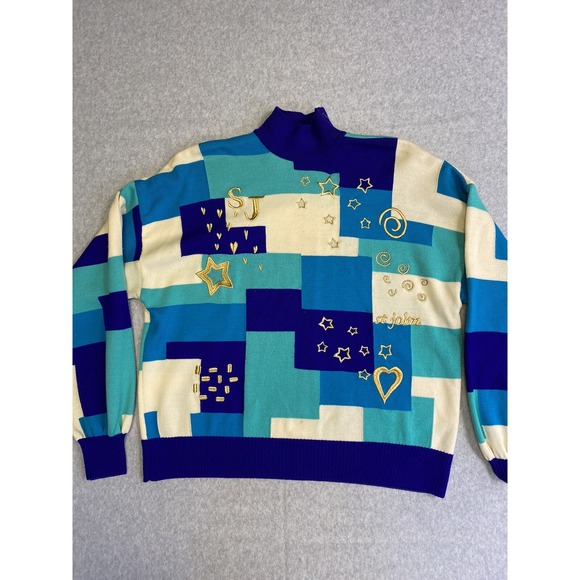 St. John Sweaters - St‎ John Sweater Womens Small Blue Geometric Pullover Abstract Star Hearts Knit